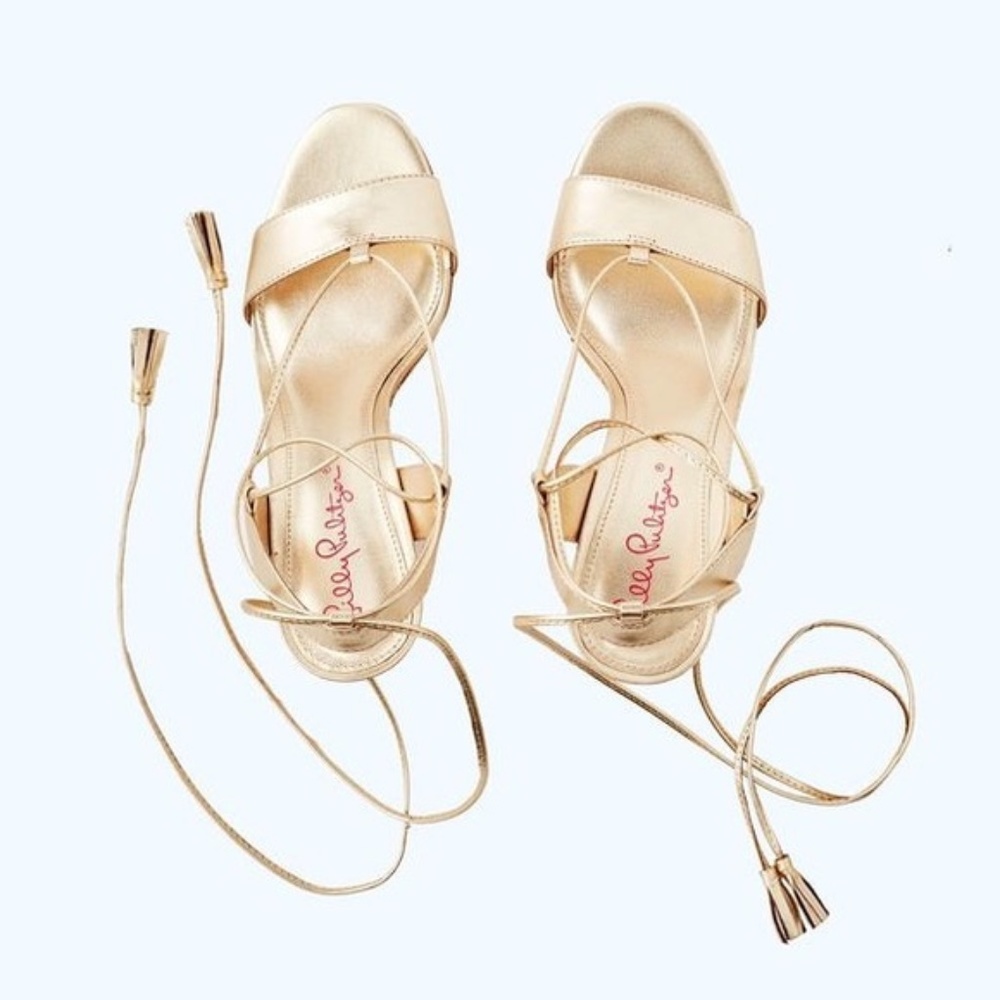 Lilly Pulitzer Aria Cork Wedge Heel Gold Leather Pump Sandal Lace Up Dress Shoes - Picture 11 of 12